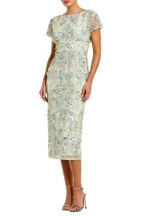 Mac Duggal Embellished Mesh Fitted Short Sleeve Midi Dress in Sage at Nordstrom, Size 14