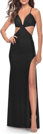 La Femme Jersey Prom Dress with Side Cut Outs and Tie Back in Black at Nordstrom, Size 10