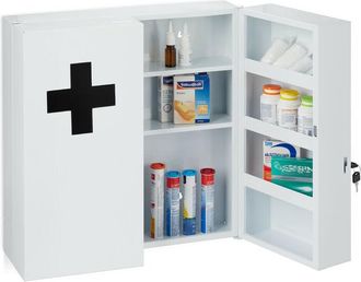 Relaxdays Armario Botiqu&iacute;n Grande Con Cerradura, 11 Compartimentos, Acero, 53,5x53x19 Cm, 2 Puertas, Blanco Y Negro - Relaxdays