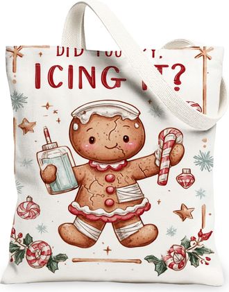 Generic Christmas Gingerbread Canvas Tote Bags, Festive Biscuits Design Reusable Grocery Bags, Vintage Lightweight Washable Shoulde, White, 13x15 Inch