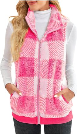 Generic Womens Gilets Teddy Fleece Gilet Women Plaid Zip-Up Waistcoat Gilet Sherpa Fluffy Vest Body Warmer Lightweight Cozy Jackets Plush Vest Sleeveless Coat