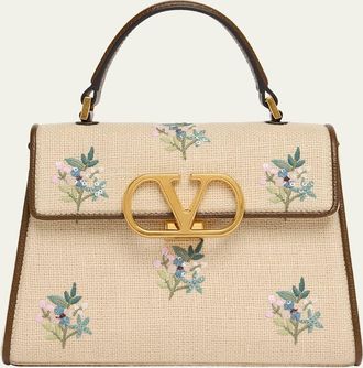 Valentino Garavani Small Floral-Embroidered Woven Flax Top-Handle Bag