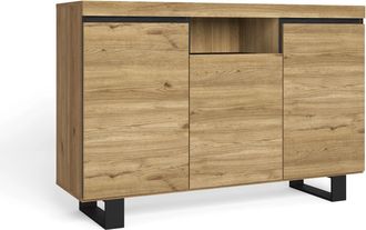 Skraut Home Aparador Sal&oacute;n Comedor Despacho Con Patas Color Roble/negro 3 Puertas 1 Hueco 92x140x40 Cm, N&oacute;rdico - Skraut Home