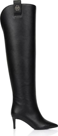 Philipp Plein Schoenen, Dames, Zwart, 38 EU, Leer, Hexagon Overknee Laarzen