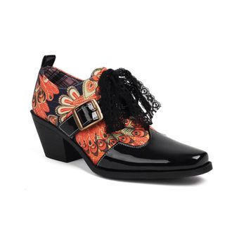 Generic Womens Square Toe Spring Shoes Floral Print Patent Leather Panel Lace Tie Buckle Strap Low Block Heel Cushioned Insole Anti-Slip Durable Sole,Orange,3