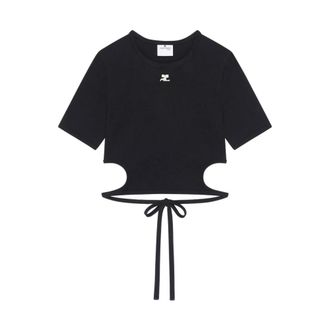 Courr&egrave;ges Tops, Dames, Zwart, L, Katoen, Ribbon Cut Out Contrast T-shirt