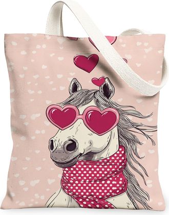 Generic Cute Horse Canvas Tote Bags, Love Heart Pattern Reusable Shopping Bags, Vintage Lightweight Washable Shoulder Strap Canvas, Peach, 13x15 Inch