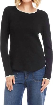 Karen Kane Liora Long Sleeve Edge Stitch Crewneck Top In Black And Cream