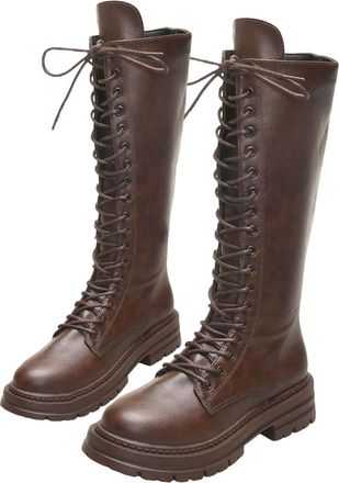 Generic Womens Thigh high Boots Mid Calf Combat Boots Lace Up Chunky Heel Lug Sole Round Toe Zipper Fashion Motorcycle Punk Gorh Boot Winter Waterproof Non Sl