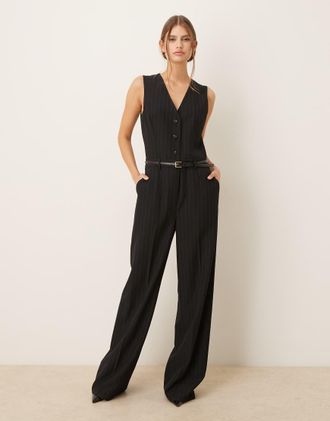 Mango Tuta jumpsuit stile gilet sartoriale blu navy con motivo gessato e cintura