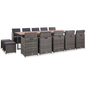 vidaXL Set Comedor De Jard&iacute;n 15 Piezas Y Cojines Rat&aacute;n Sint&eacute;tico Gris Vidaxl