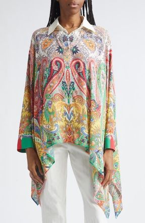 Etro Paisley Print Button-Up Poncho in Print On White Base at Nordstrom, Size 10 Us