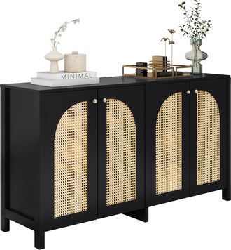 STILVORA Aparador Con 4 Puertas De Ratan Sintetico Y Tiradores De Metal, En Mdf, Negro, Para Salon Y Comedor