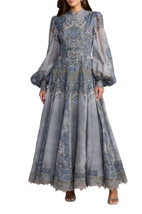 Mac Duggal Bishop Sleeve Printed Cotton A-Line Dress in Slate Blue at Nordstrom, Size 10