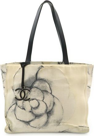 Chanel Black Off-White White Canvas Leather Shoulder Bag Tote Bag (Pre-Owned)