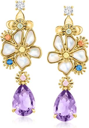 Ross-Simons Mother-Of-Pearl and Multi-Gemstone Flower Drop Earrings in 18kt Gold Over Sterling