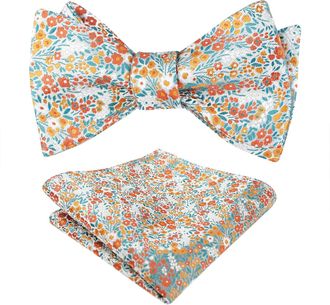 Alizeal Mens Floral Self Tied Bow Tie and Pocket Square for Wedding Party Business Tie Set, Teal+Orange
