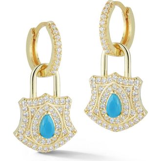 Sphera Milano Cubic Zirconia & Synthetic Turquoise Padlock Drop Huggie Hoop Earrings in Turquoise/Gold at Nordstrom Rack