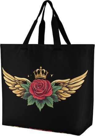 Generic Rose Flower with Wings Tote Bag Reusable Grocery Shopping Bags Large Travel One Shoulder Handbag for Picnic Work