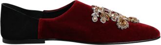Dolce & Gabbana Black Red Velvet Embellished Slip On Mens Shoes