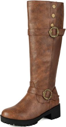 Generic Womens Block Heel Platform Boots with Buckle PU Leather Long Boots Round Toe Knee High Boot with Side Zipper,Brown,8.5 UK