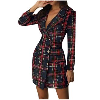 Generic Blazer Dresses for Women UK, Double Breasted Sexy V Neck Colorblock Patch Work Dress Winter Plaid Coat Dress Long Sleeve Plaid Print Dress Knee Length