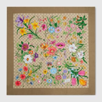 Gucci Printed GG Silk Twill Carr&eacute;, Brown, Silk