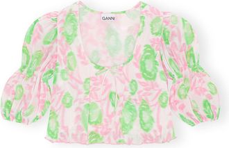 Ganni Pleated Georgette U-neck Blouse - Size 10/12 Pink