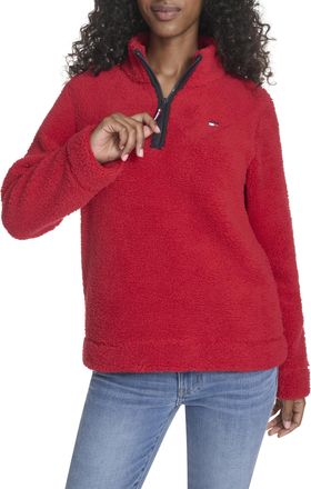 Tommy Hilfiger Womens 1/4 Zip Mockneck Sherpa Soft Pullover, Scarlet, Medium