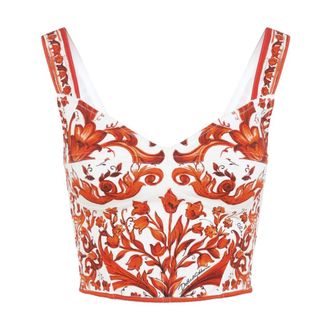Dolce & Gabbana Majolica-print Charmeuse Bustier Top - female - Dolce & Gabbana - Sleeveless Tops - Multicolor - XS - Tops