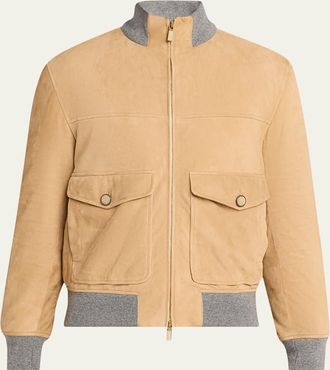 Brunello Cucinelli Mens Suede Knit-Trim Bomber Jacket