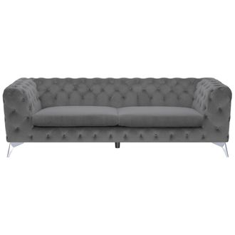 Beliani Sof&aacute; De 3 Plazas De Terciopelo Gris Estilo Chesterfield Con Respaldo Bajo Sotra