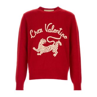 Valentino Garavani Round-neck Knitwear, male, Red, Size: M Wool Sweater with Chez Valentino & Panther Embroidery