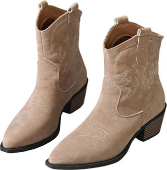 Generic Womens Embroidered Cowboy Boots - Fashionable Mid-Calf Cowboy Boots with Chunky Heel and Pointed Toe - Suede Leather for Outings, Work, Parties, and M