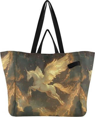Generic Unicorn Starry Cloud Gold print Reusable Canvas Tote Bag, Heavy Duty Grocery Shopping Bag with Large Capacity Double Handles Hard Bottom Work Grocerie