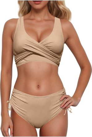 Generic Womens High Waist Bikini Set 2 Piece Swimsuit Womens Bikini Sets High Waisted Underwire Adjustable Straps Ruched Full Coverage Bottom for Beach and Po