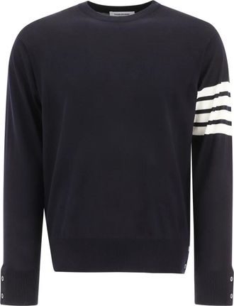 Thom Browne Wool 4-Bar Pullover - Heren - Ronde hals truien - Blauw - M - Wol - Truien & Vesten
