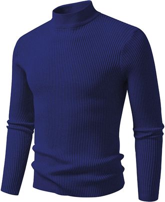 Generic Mens Jumper Winter Warm Knitted Sweaters for Men Long Sleeve Slim Fit Smart Jumpers Plain Colour Mock Neck Knitwear Rib Knit Fitted Designer Pullover 