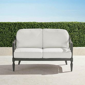 Frontgate Avery Loveseat with Cushions in Slate Aluminum - Standard, Sailcloth Cobalt with Natural Piping - Frontgate