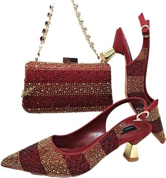 Generic Womens Satin Pointy Toe Pumps and Clutch Bag Set Sparkly Rhinestone Decoration for Evening Party Wedding