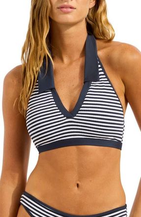 Seafolly Stripe Collar Bikini Top in True Navy at Nordstrom, Size 10 Us
