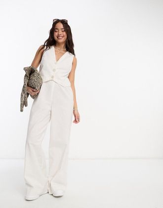 Asos 2 in 1 linen look vest jumpsuit in ivory-White