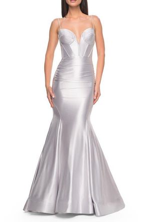 La Femme Satin Mermaid Prom Gown with Corset Top in Silver at Nordstrom, Size 00