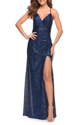 La Femme Long Sequin Gown in Jewel Tones with V Neckline in Navy at Nordstrom, Size 00