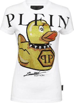 Philipp Plein T-Shirt Ronde Hals SS PP Duck met Kristallen - Dames - T-shirts - Wit - XS - Katoen - Tops