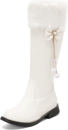 Generic Womens Flat Heel Knee High Snow Boots Comfort Round Toe Side Zipper Warm Winter Party Dress Shoes (White,5.5)