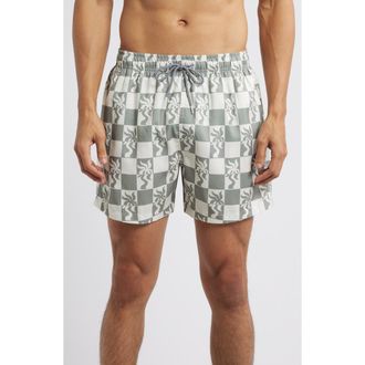 Boardies Clara Palm Tree Checkerboard Print Mid Length Swim Trunks in Olive/Cream at Nordstrom, Size Small