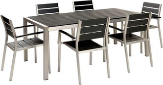 Beliani 7 Piece Garden Dining Set Chairs and Table Plastic Wood Aluminium Black and Silver Vernio