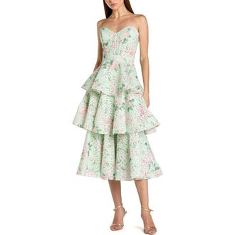 Mac Duggal Floral Net Strapless Tiered Ruffle Midi Dress in Mint Multi at Nordstrom, Size 14
