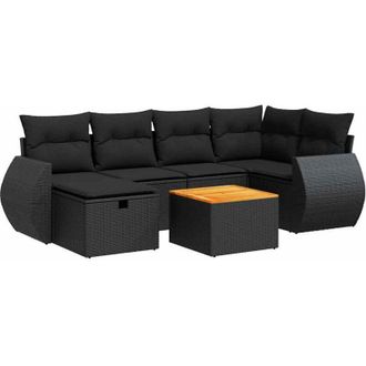 vidaXL Set De Sof&aacute;s De Jard&iacute;n 7 Pzas Con Cojines Rat&aacute;n Sint&eacute;tico Negro
